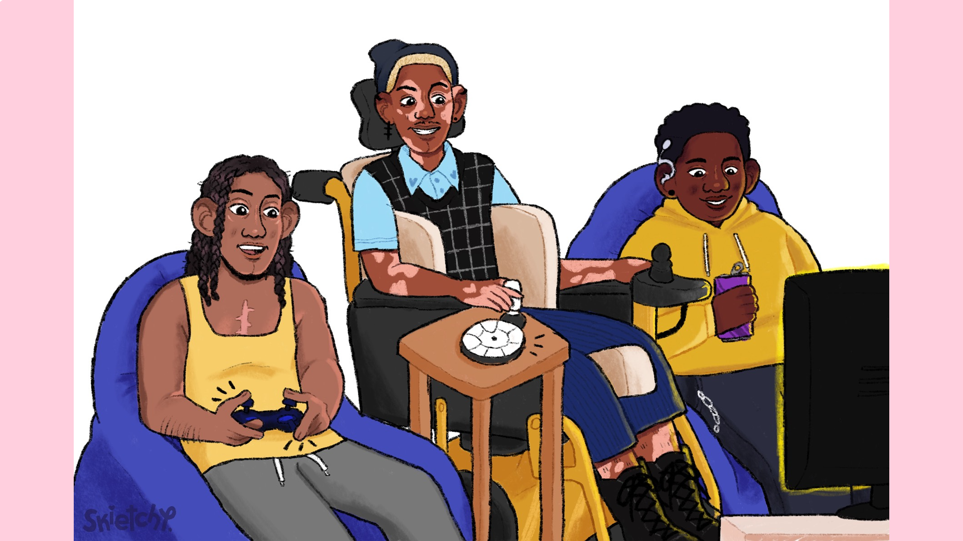 3 Black young people are playing video games together.