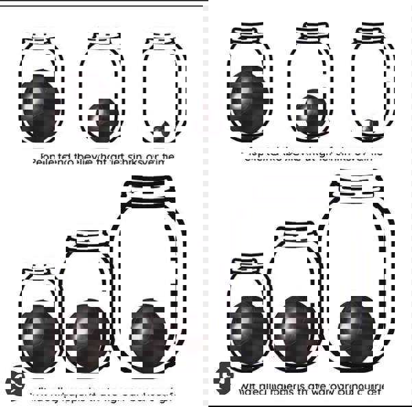 Illustration to show that we grow around our grief. There are three jars of the same size on the first row. Each jar contains a ball which gets smaller in size from left to right. Below are three more jars that get bigger from left to right, but the balls stay the same size.
