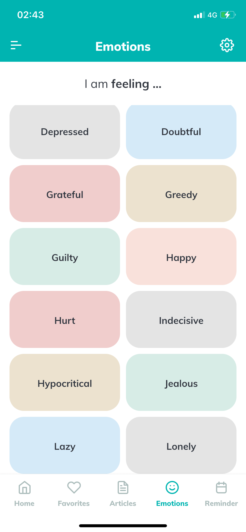 Screenshot of Dhikr & Dua app showing different emotions to choose from.