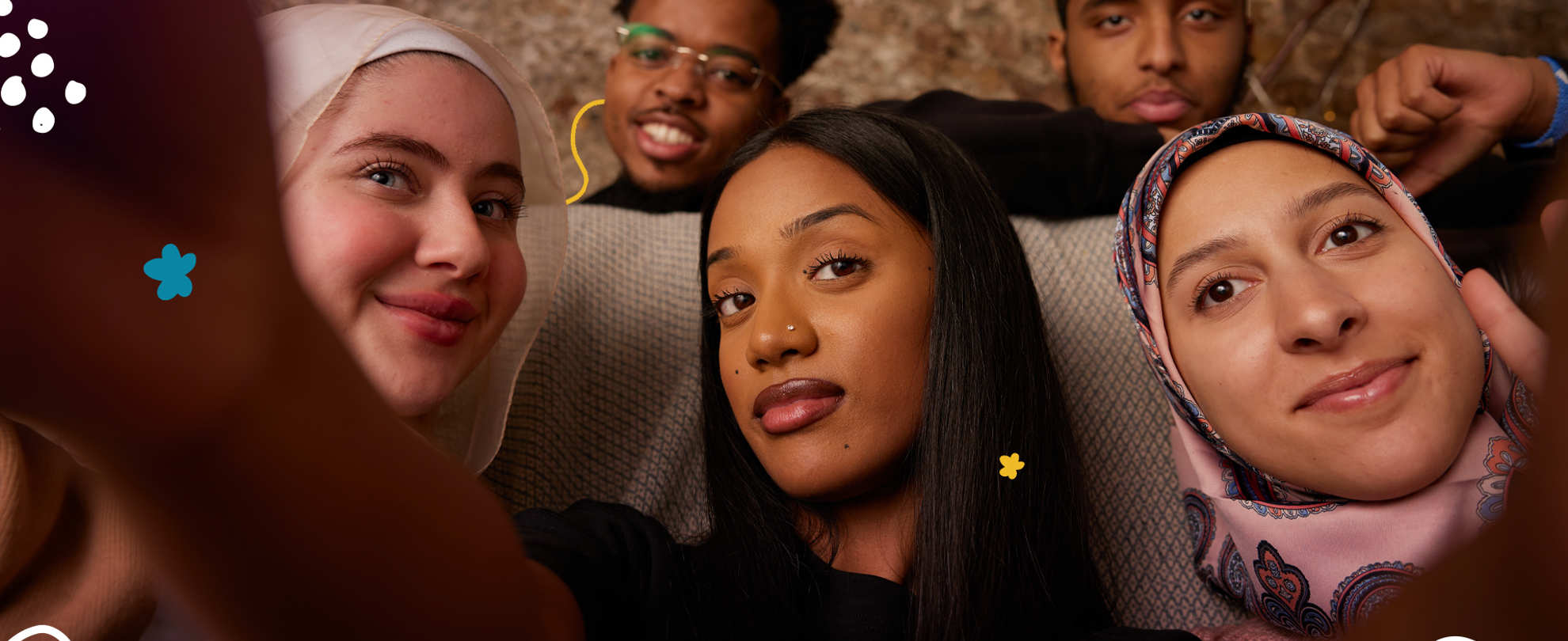 Muslim mental health campaign image of 5 young people taking selfie