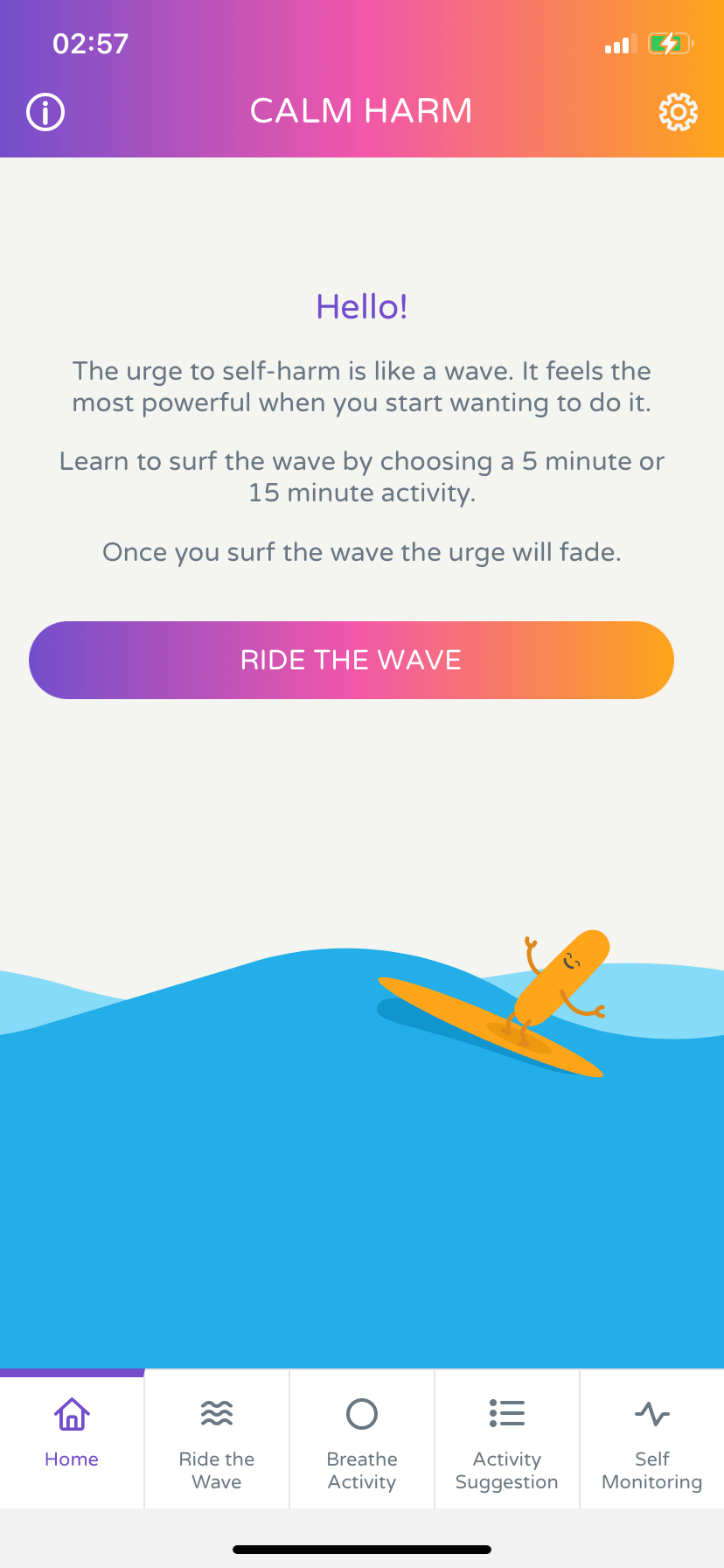 Screenshot of Calm Harm app homepage.