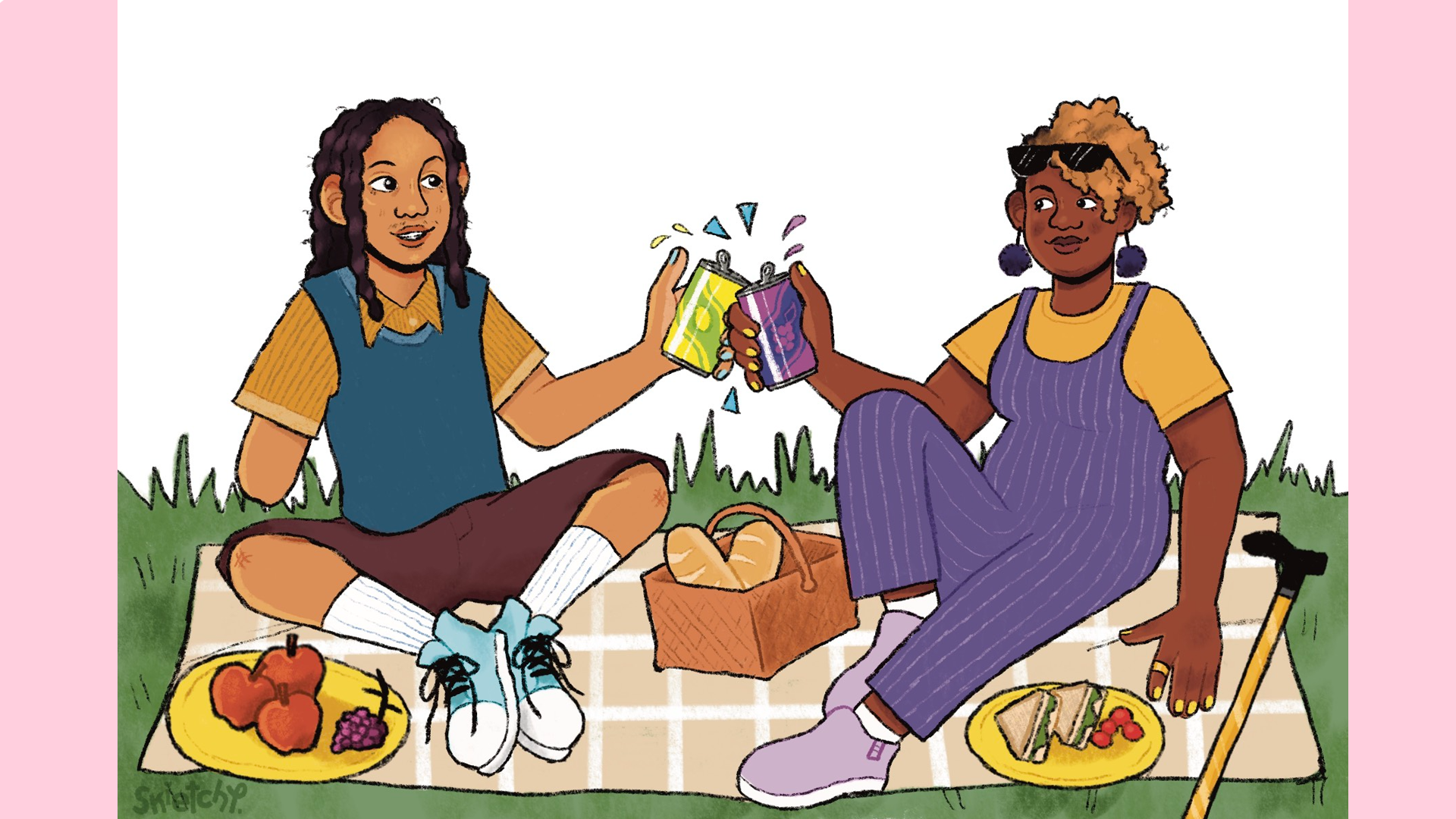 Two black young people having a picnic in a park. The character on the left in an amputee and the character on the right has a mobility aid.