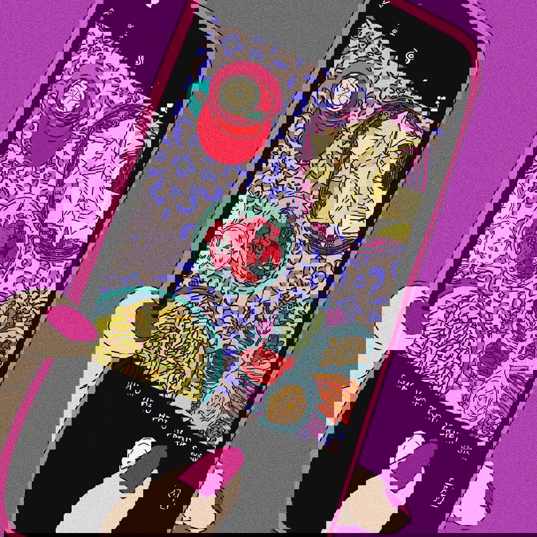 Illustration of a person's hand using their phone to take a picture of food, on a purple patterned background
