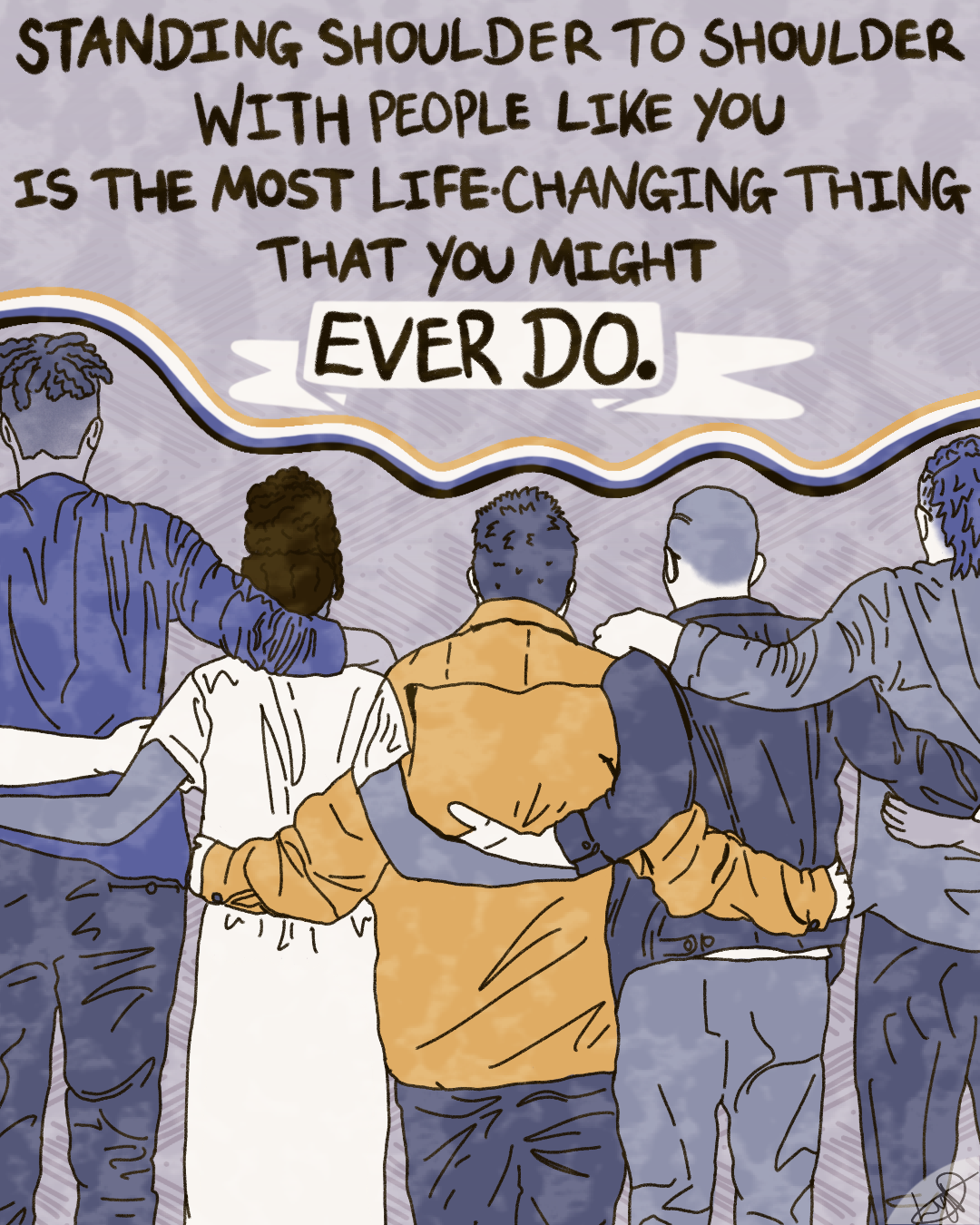 An illustration of a group of five people with their arms around each other, with their backs facing the camera