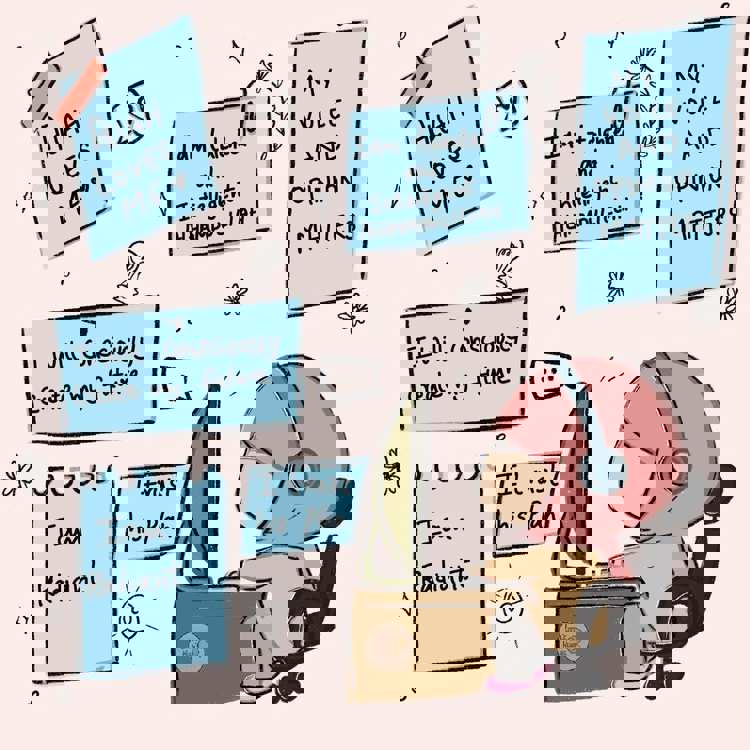 Illustration (by @littlemisshijabee on Instagram) of a female wearing a headscarf working on a PC. There are sticky notes dotted around the page that read: Allah loves me, I will consciously create my future, I am radiant, I trust his plan, I am talented and intelligent Alhamdulillah, my voice and opinion matters.